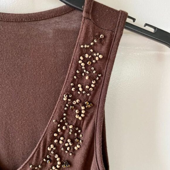 Brown Sleeveless V-Neck Womens Top With Beaded Embellishments - Picture 4 of 12